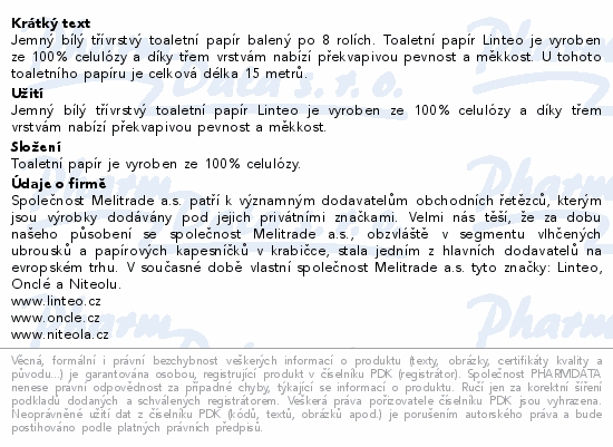 Linteo toaletní papír SATIN 3-vrstvý bílý 8 rolí