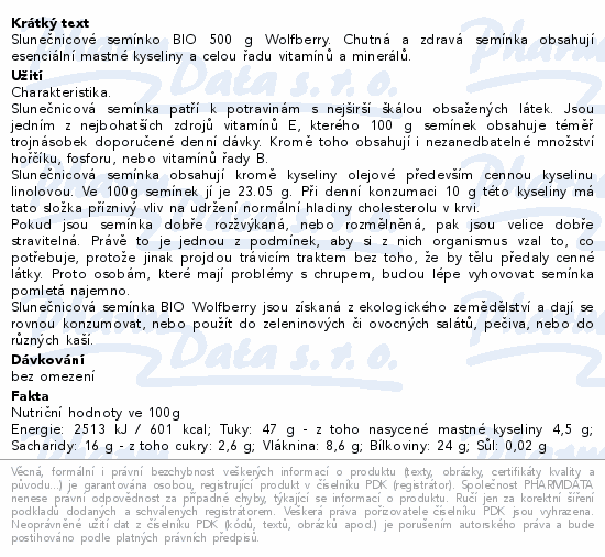 Slunečnice semínko BIO 500g Wolfberry