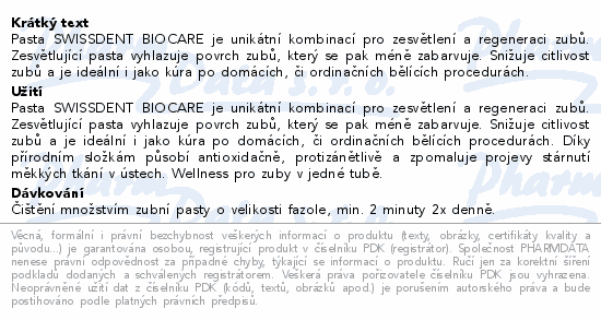 Swissdent BIOCARE zesvět.zub.pasta 100ml 19085