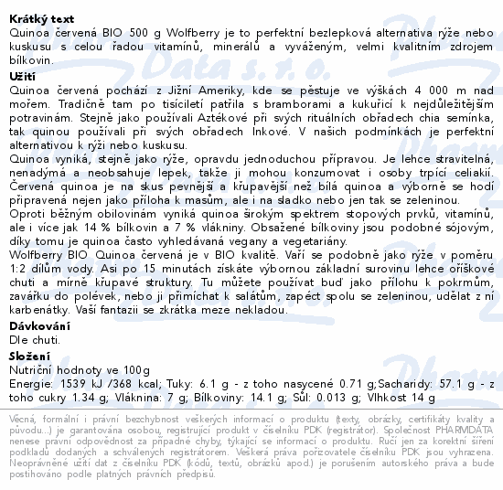 Quinoa červená BIO 500g Wolfberry