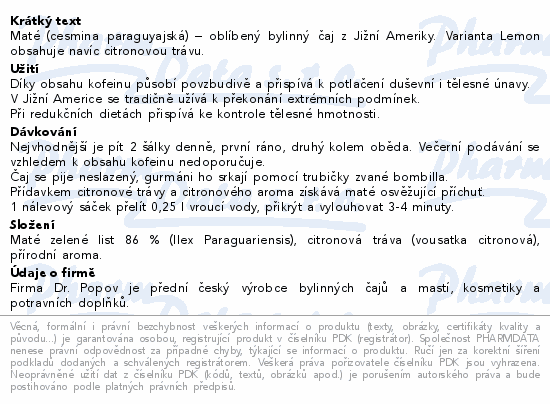 Dr.Popov Čaj Maté Lemon 20x1.5g