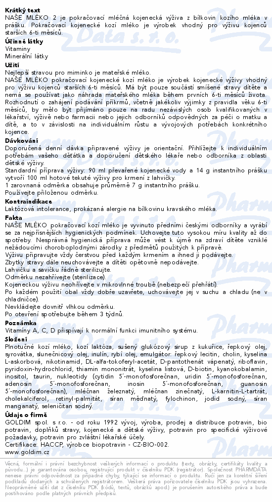 Naše mléko 2 pokrač.kojen.výživa kozí mléko 525g