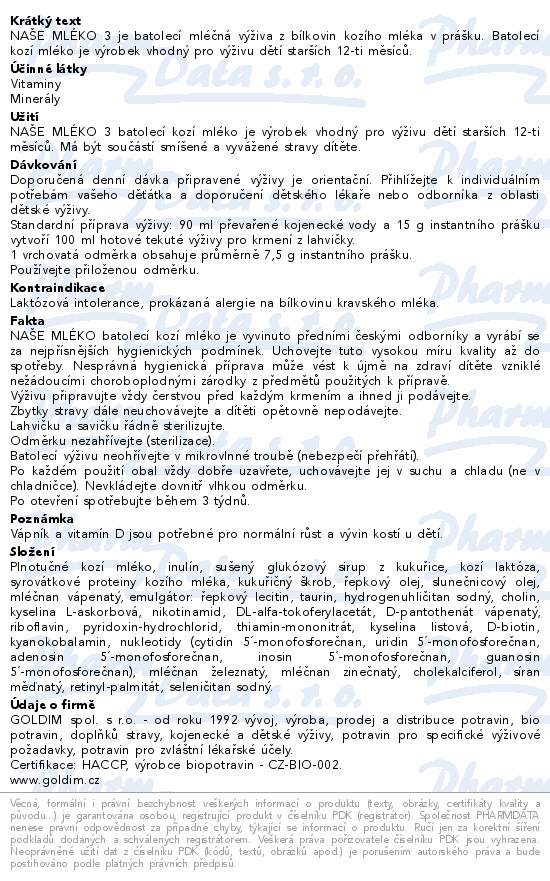 Naše mléko 3 batolecí výživa kozí mléko 525g