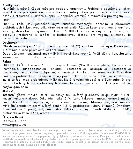 Topnatur Probio banán.kaše s hořkou čokoládou 60g