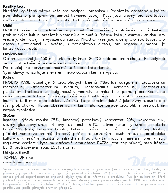Topnatur Probio rýžová kaše čokoláda s protein.60g