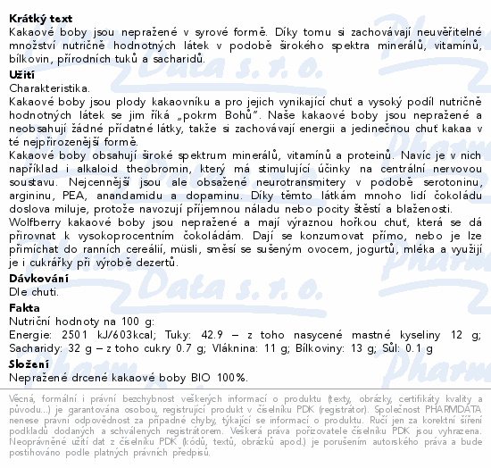 Kakaové boby drcené raw BIO 250g Wolfberry