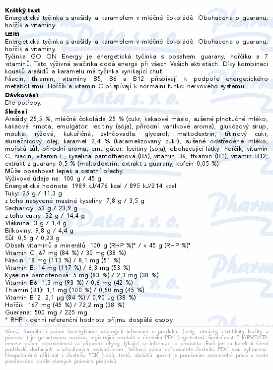 GO ON Energetická tyčinka oříšek karamel 45g