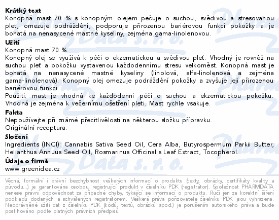 Green idea Regenerační konopná mast 70% 100ml
