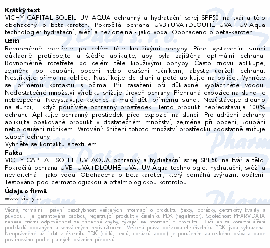 VICHY CAPITALSOLEIL UV AQUA sprej SPF50 200ml