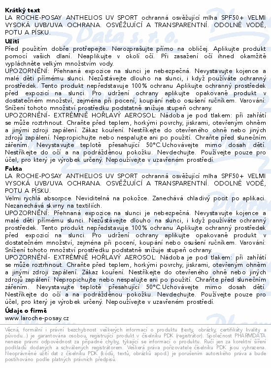 LA ROCHE-POSAY ANTHELIOS UVsport mlha SPF50+ 200ml