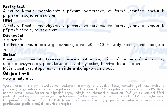 Allnature Sportlab Creatine monohydrát pomer.300g