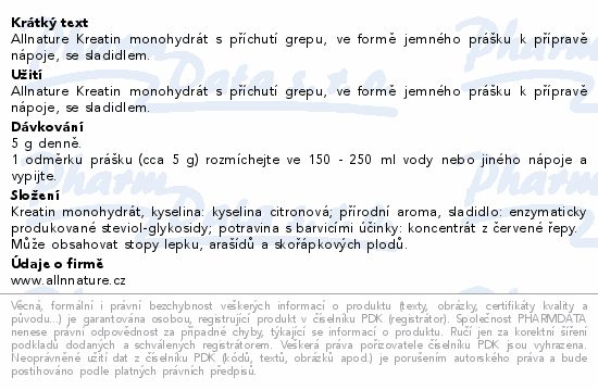 Allnature Sportlab Creatine monohydrát grep 300g