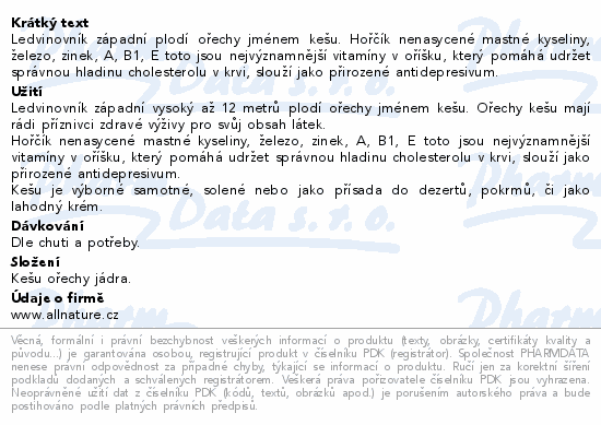 Allnature Kešu ořechy nepražené 100g