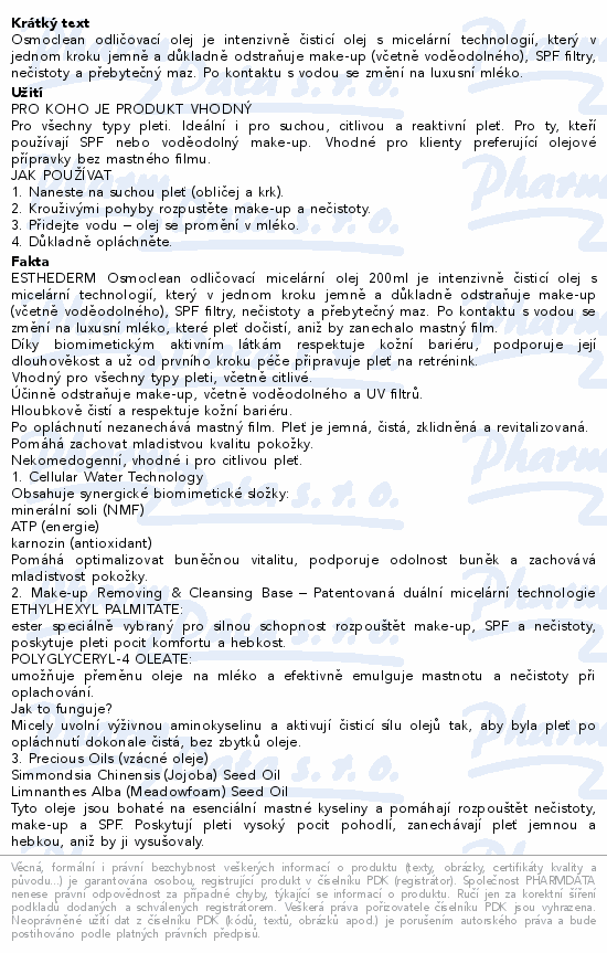 ESTHEDERM Osmoclean odličovací micelární olej200ml