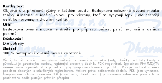 Allnature Ovesná mouka celozrnná 500g