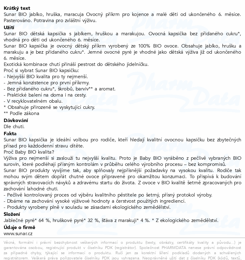 Sunar Kapsička 6m+ jablko hruška marakuja BIO 100g