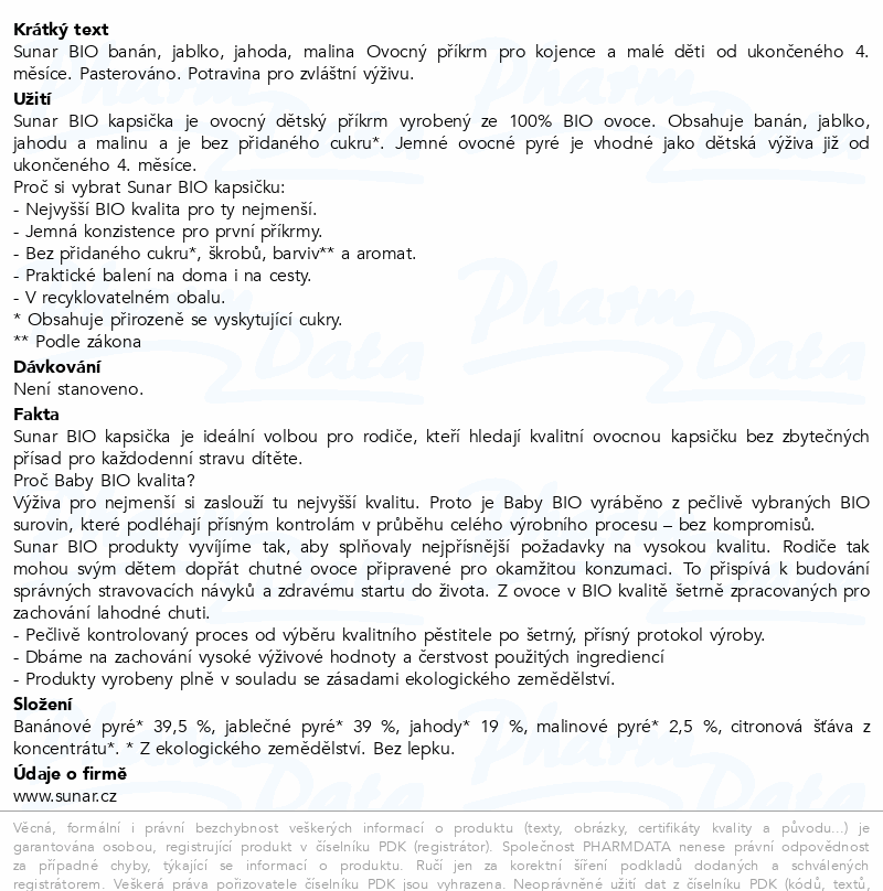 Sunar Kapsička 4m+ ban.jabl.jahoda malina BIO 100g