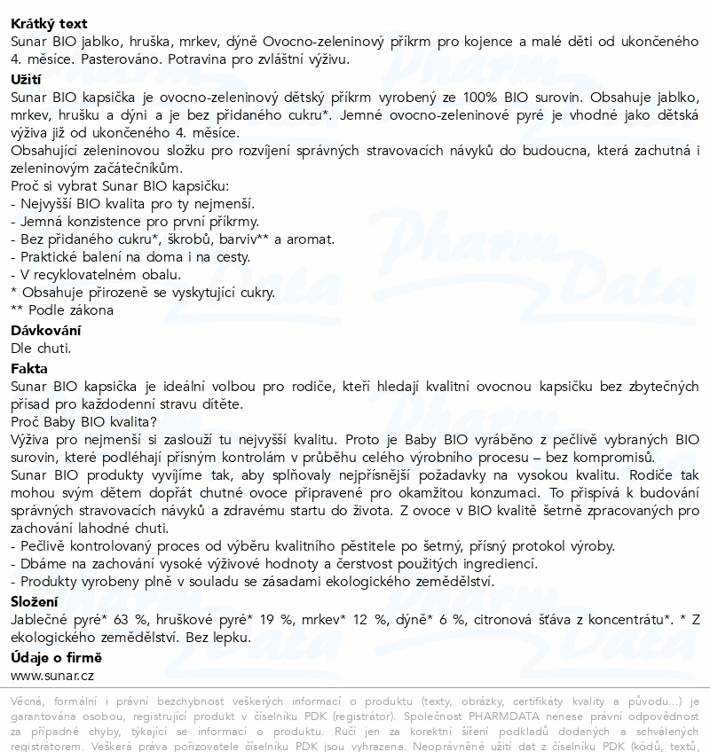Sunar Kapsička 4m+ jabl.mrkev hruška&dýně BIO 100g