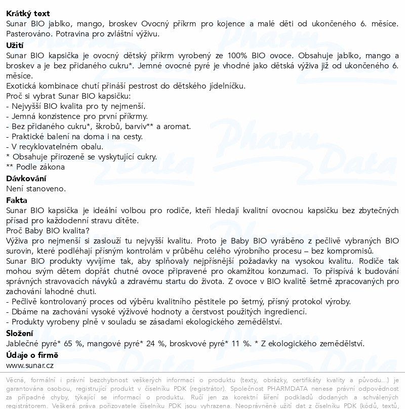 Sunar Kapsička 6m+ jablko mango broskev BIO 100g