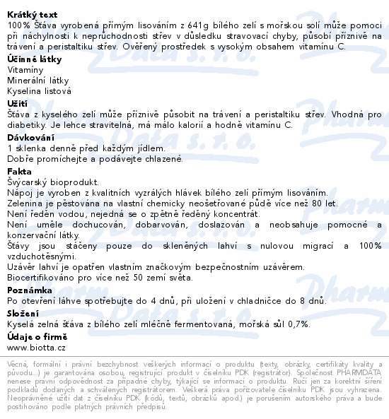 Biotta Kyselé zelí BIO 500ml