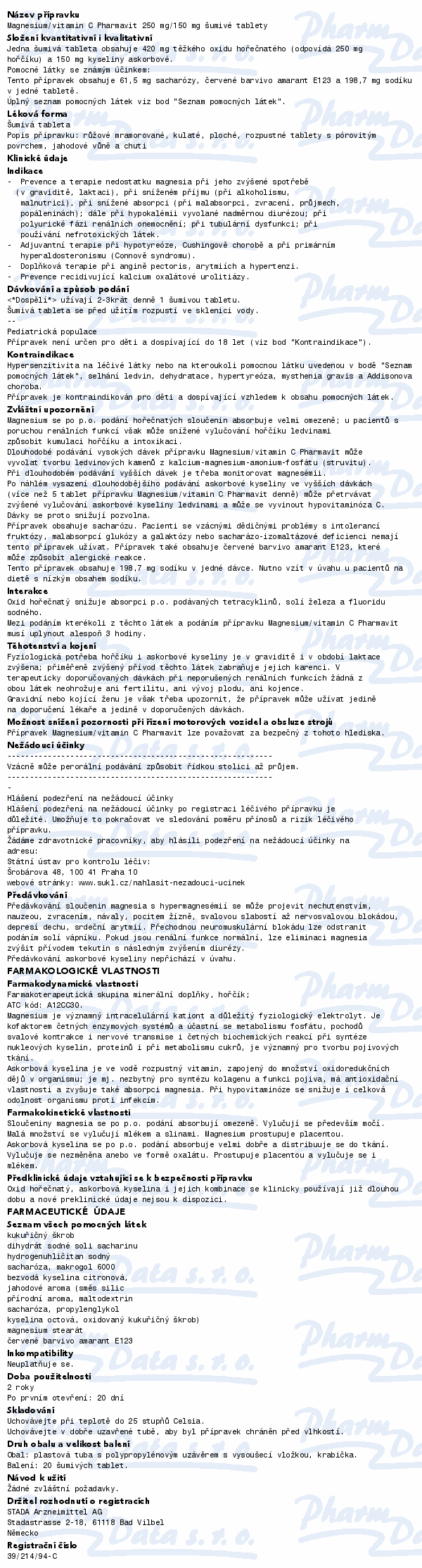 Magnesium/vitamin C Pharmavit 250/150mg tbl.eff.20
